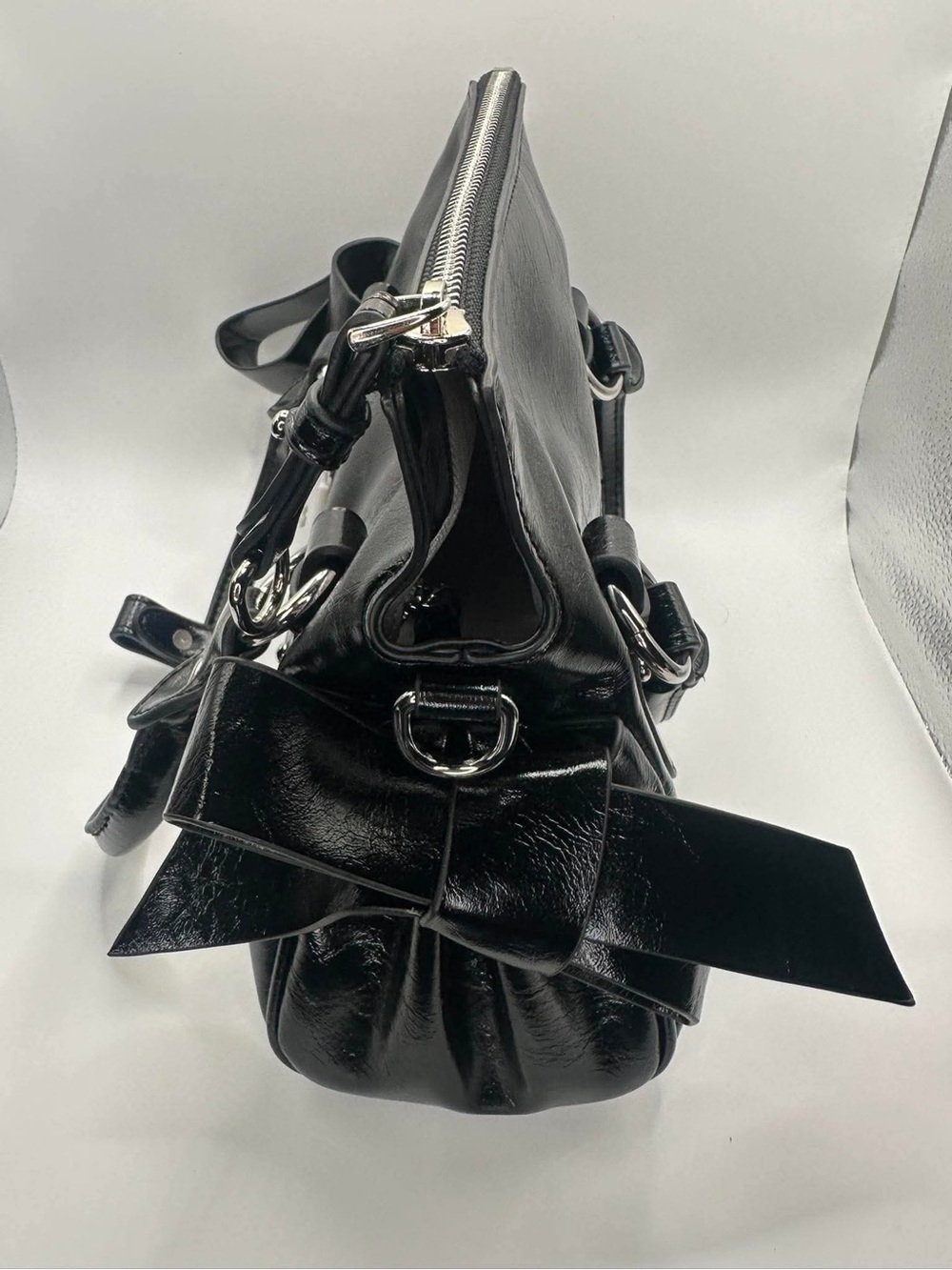Patent Bow-Accent Black Satchel Shoulder Bag